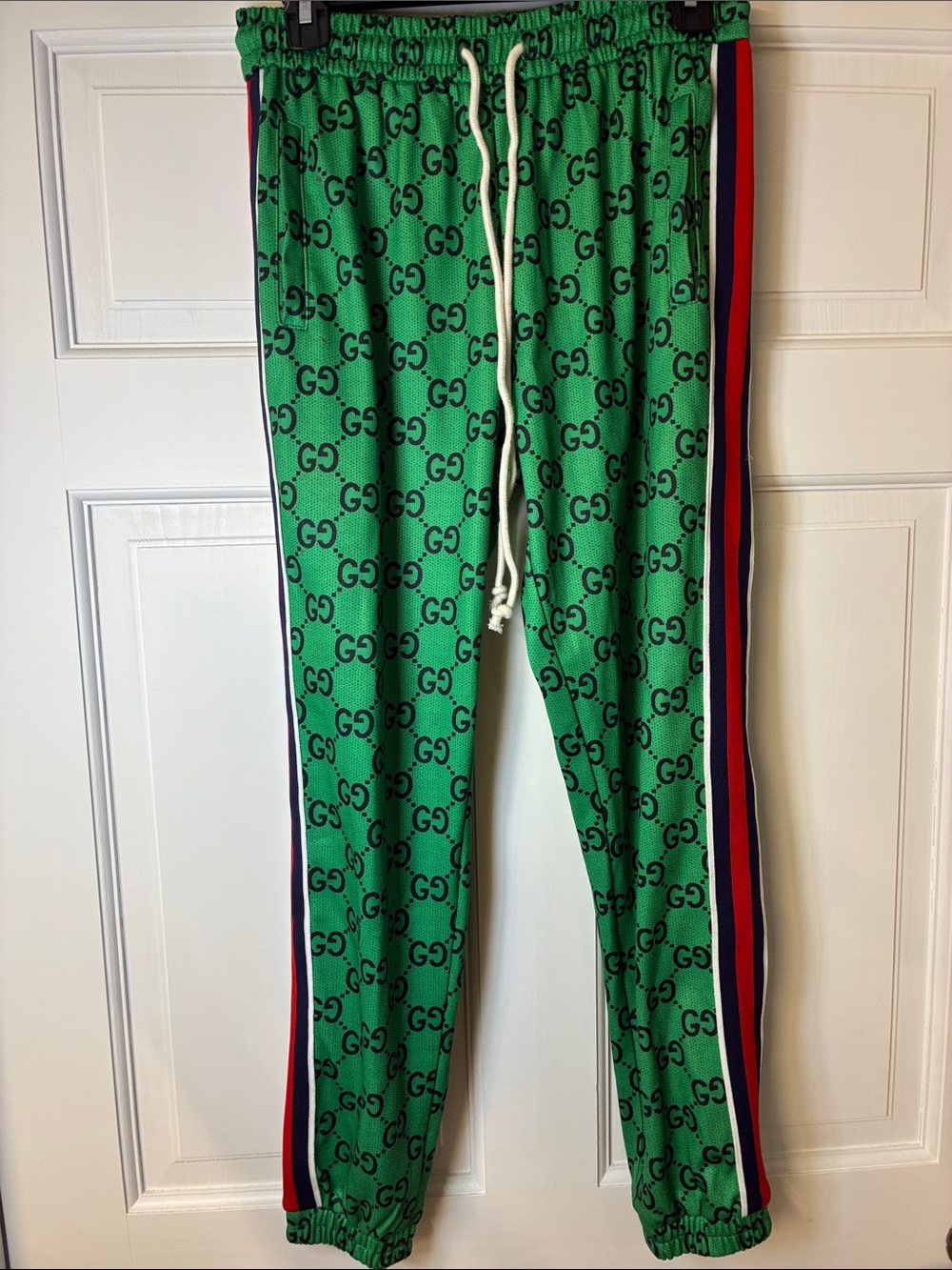 Gucci Green GG Logo Joggers with Red & Blue Side Stripes